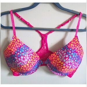 Joe Boxer Push Up Bra 38DD Pink Floral Lace Racerback Underwire Adjustable